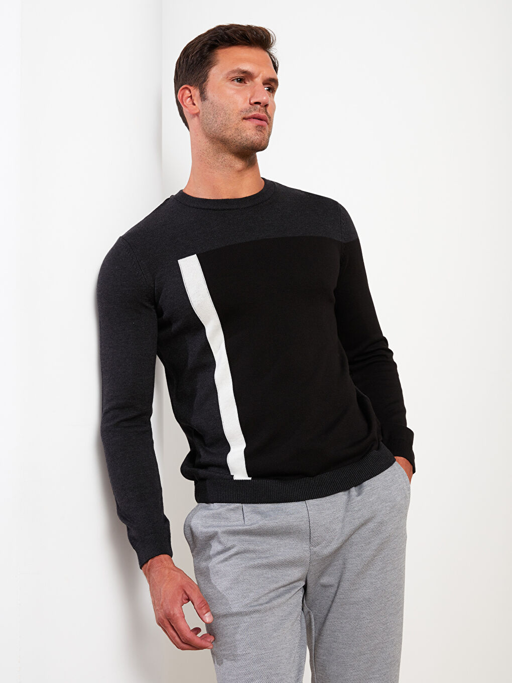 Antrasit Bisiklet Yaka Uzun Kollu Renk Bloklu Erkek Triko Kazak