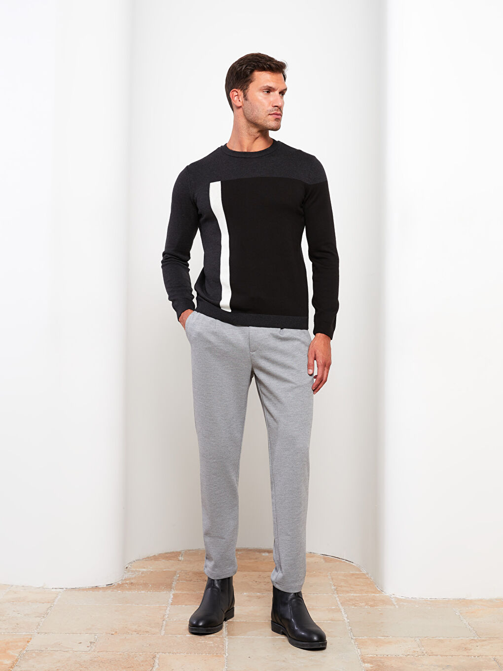 Antrasit Bisiklet Yaka Uzun Kollu Renk Bloklu Erkek Triko Kazak-2