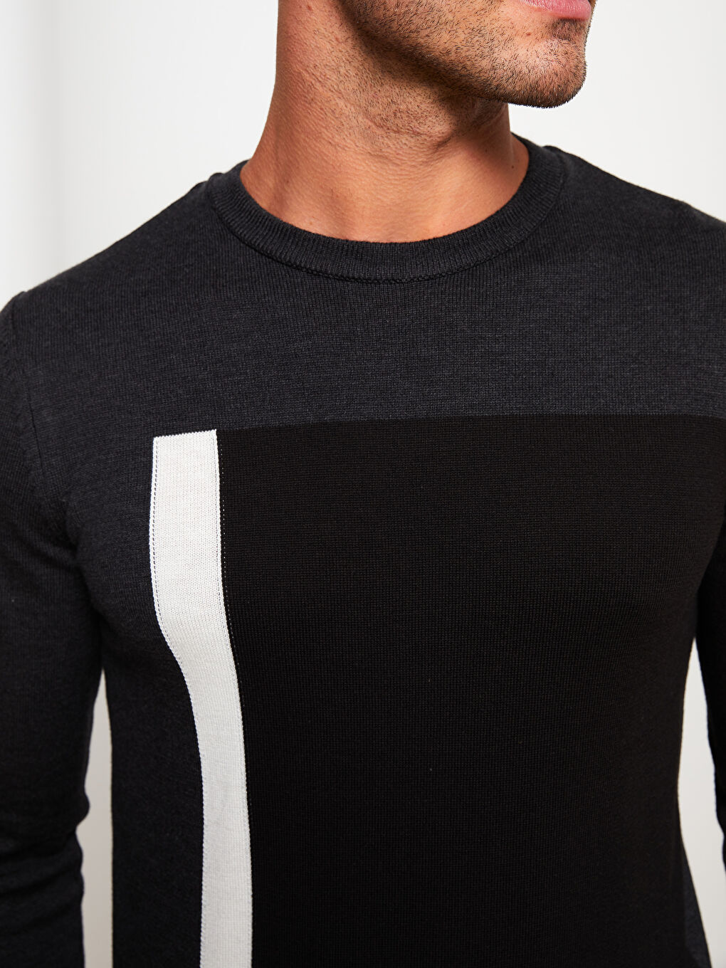 Antrasit Bisiklet Yaka Uzun Kollu Renk Bloklu Erkek Triko Kazak-3