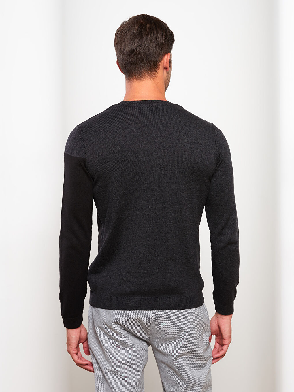 Antrasit Bisiklet Yaka Uzun Kollu Renk Bloklu Erkek Triko Kazak-4