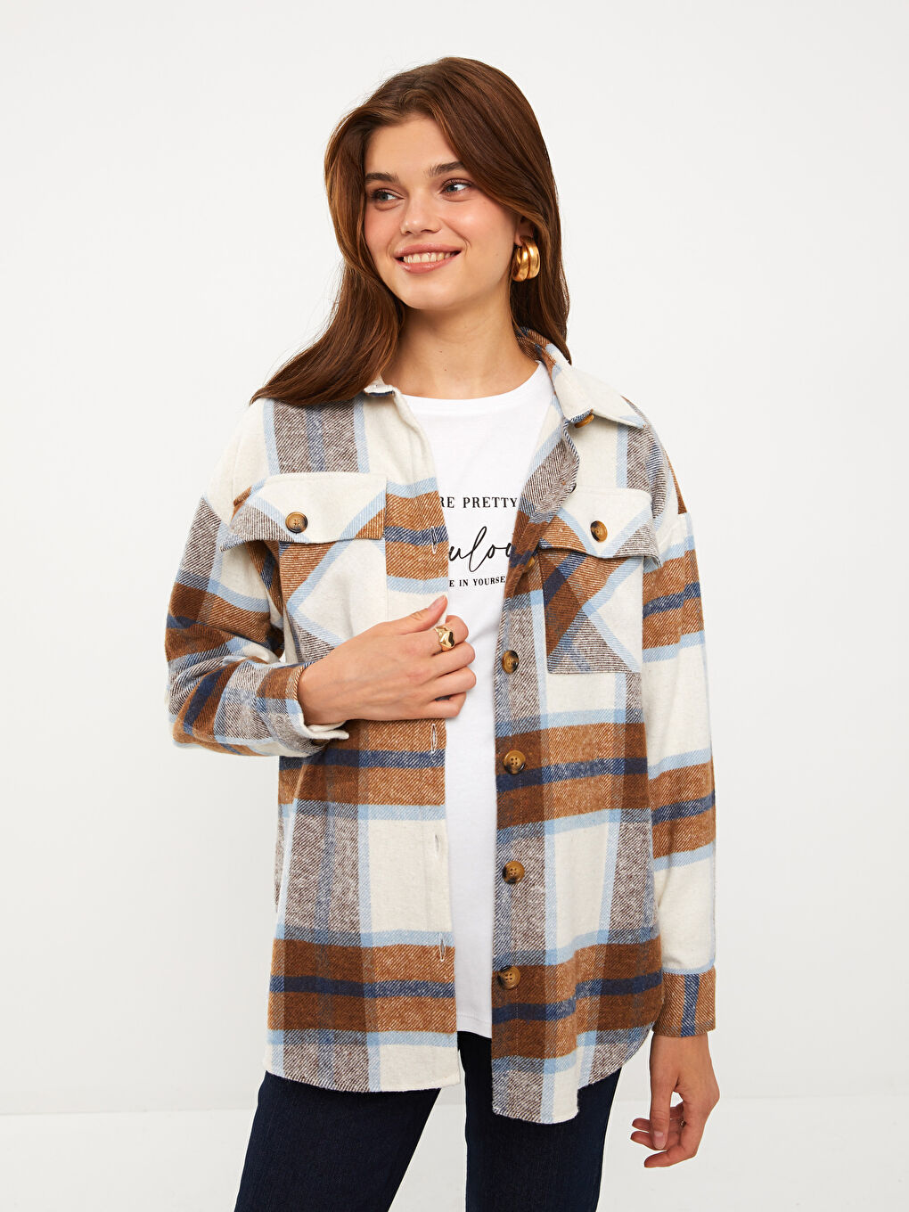 Kahverengi Ekose Uzun Kollu Flanel Hamile Oduncu Gömlek