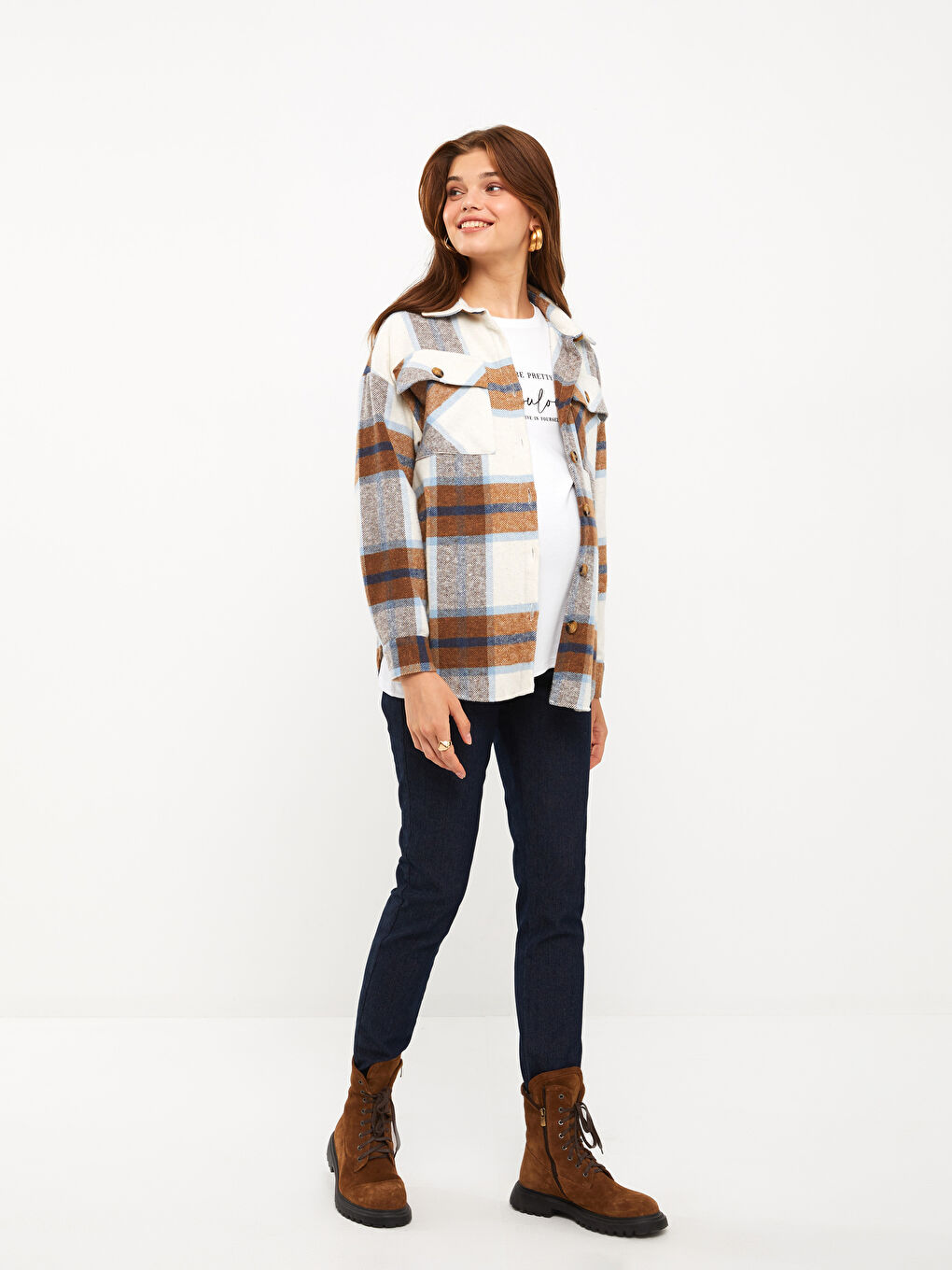 Kahverengi Ekose Uzun Kollu Flanel Hamile Oduncu Gömlek-1