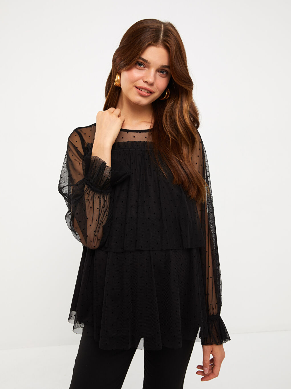 Блузка для беременных в горошек с круглым вырезом и длинными рукавами-1