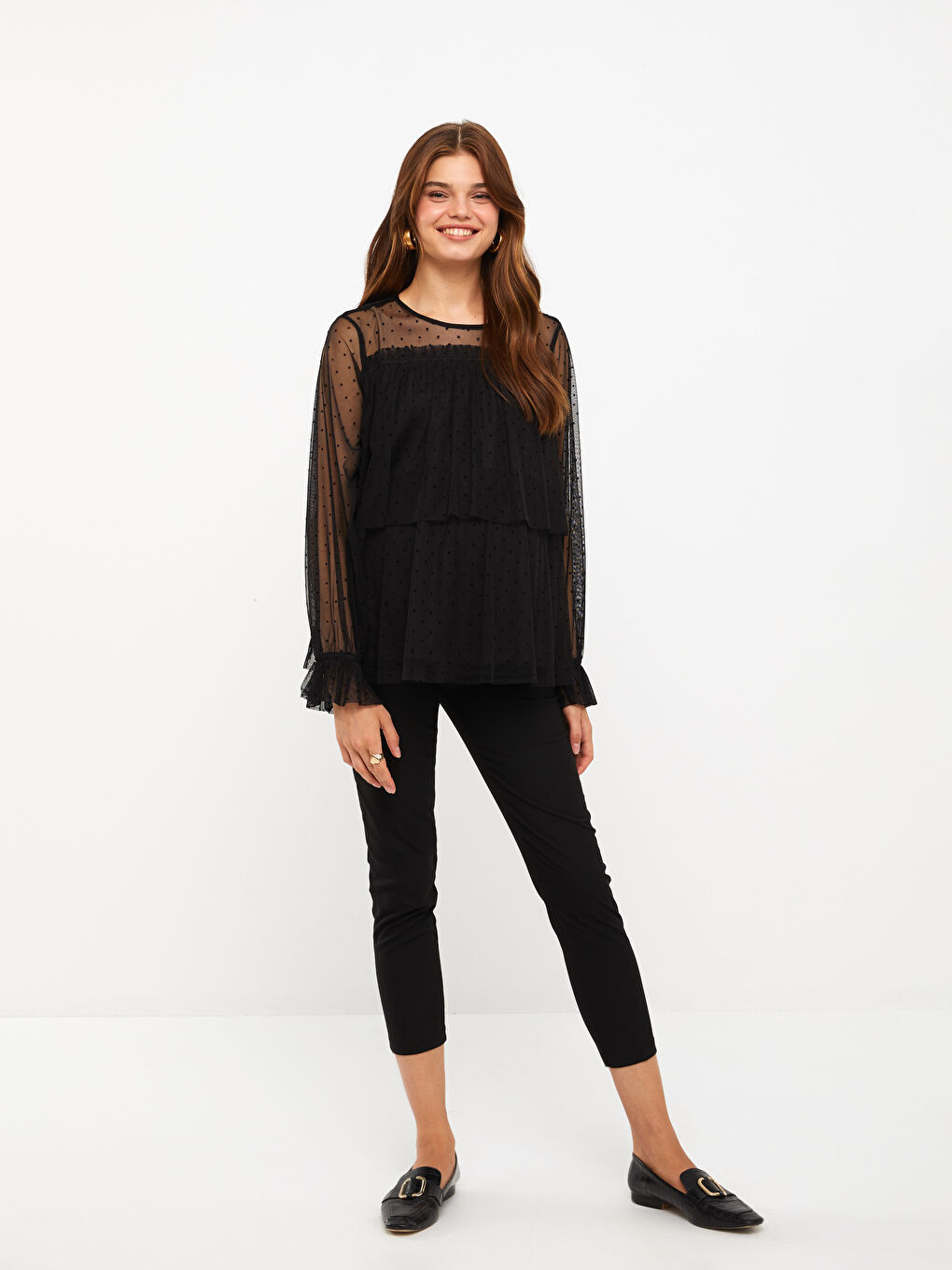 Блузка для беременных в горошек с круглым вырезом и длинными рукавами-2