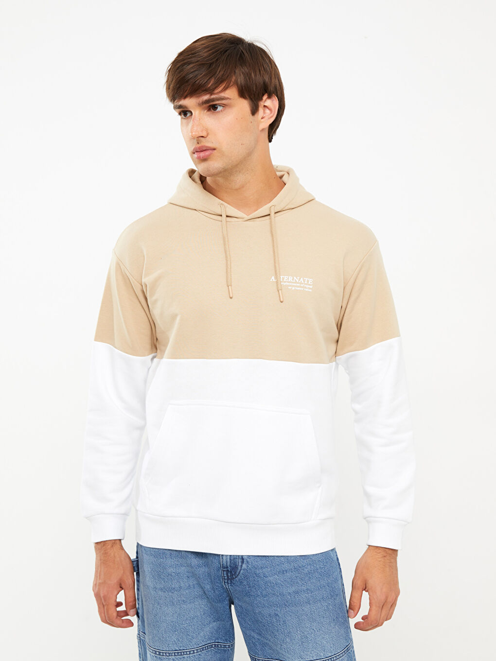 LCW Casual Kırık Beyaz Uzun Kollu Renk Bloklu Erkek Hoodie - 1