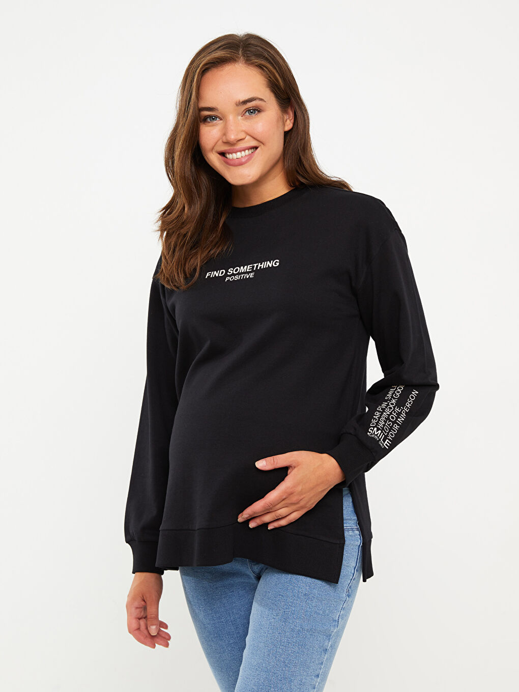 LCWAIKIKI Maternity سويت شيرت حوامل كم طويل مطبوع بياقة دائرية -W2BE02Z8-CVL