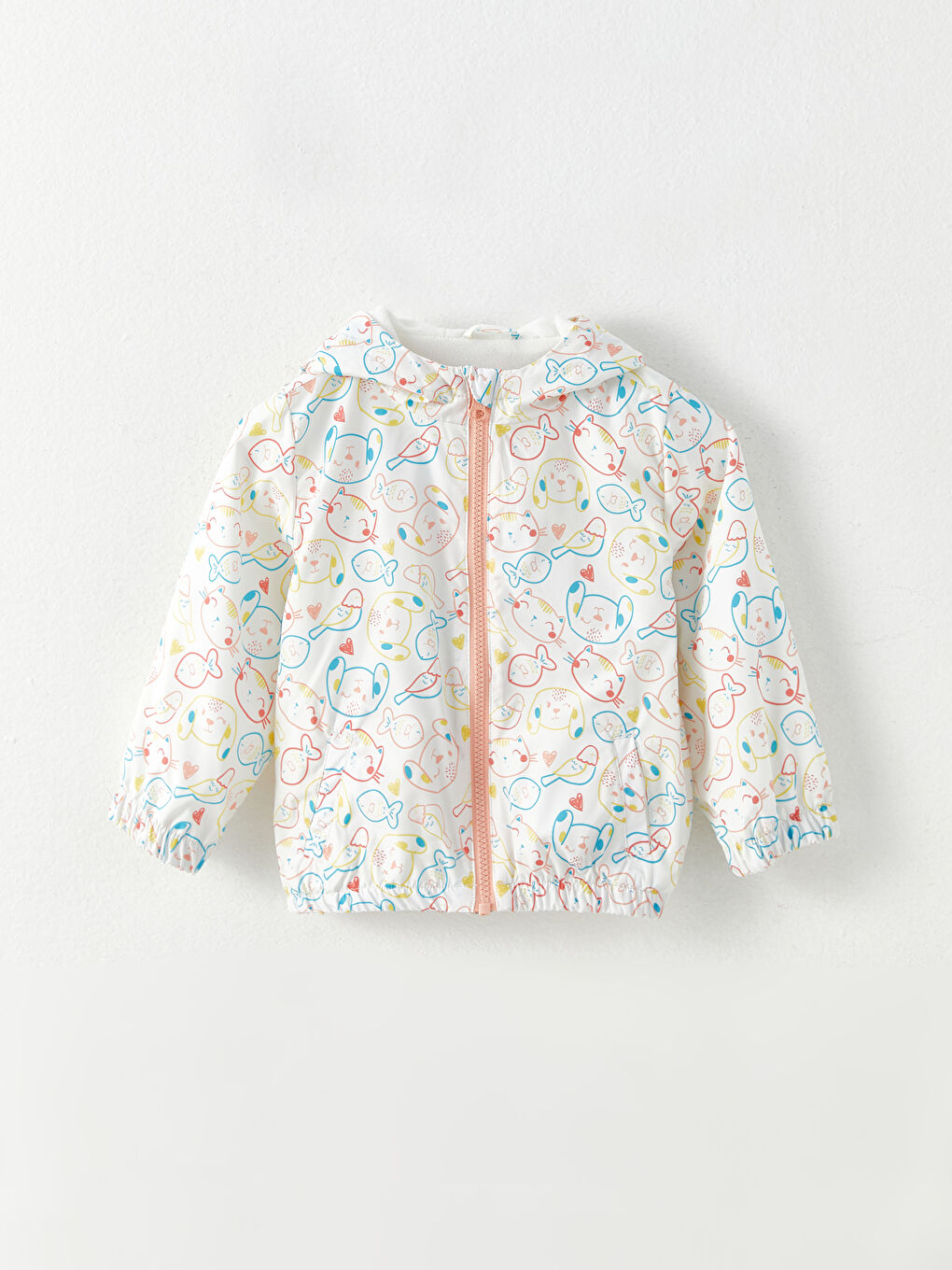 Ekru Kapüşonlu Uzun Kollu Baskılı Kız Bebek Mont