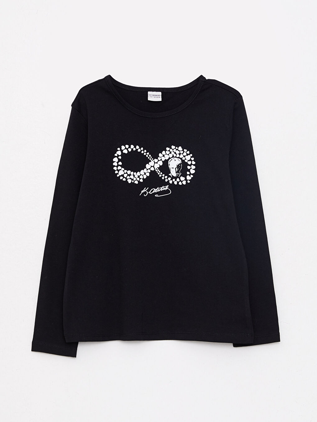 Siyah Bisiklet Yaka Atatürk Baskılı Uzun Kollu Pamuklu Kız Çocuk Tişört