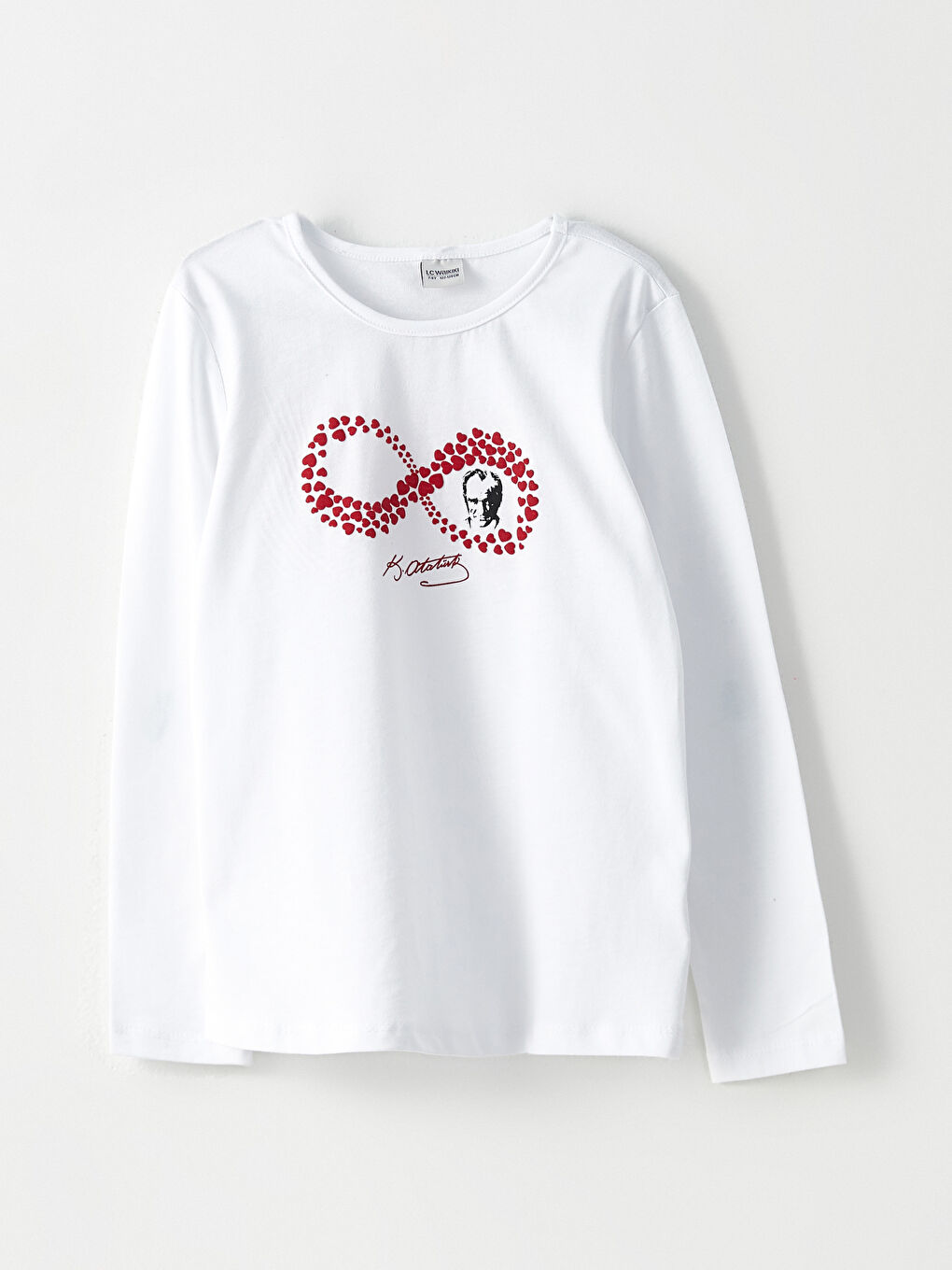 Beyaz Bisiklet Yaka Atatürk Baskılı Uzun Kollu Pamuklu Kız Çocuk Tişört