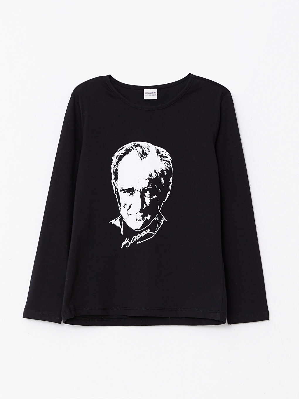 Siyah Bisiklet Yaka Atatürk Baskılı Uzun Kollu Pamuklu Kız Çocuk Tişört