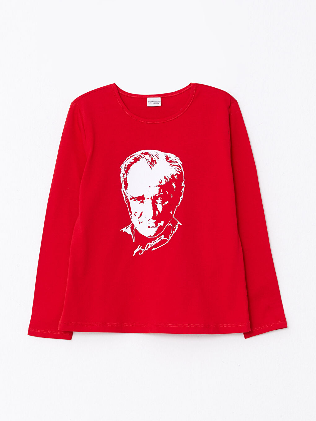 Kırmızı Bisiklet Yaka Atatürk Baskılı Uzun Kollu Pamuklu Kız Çocuk Tişört