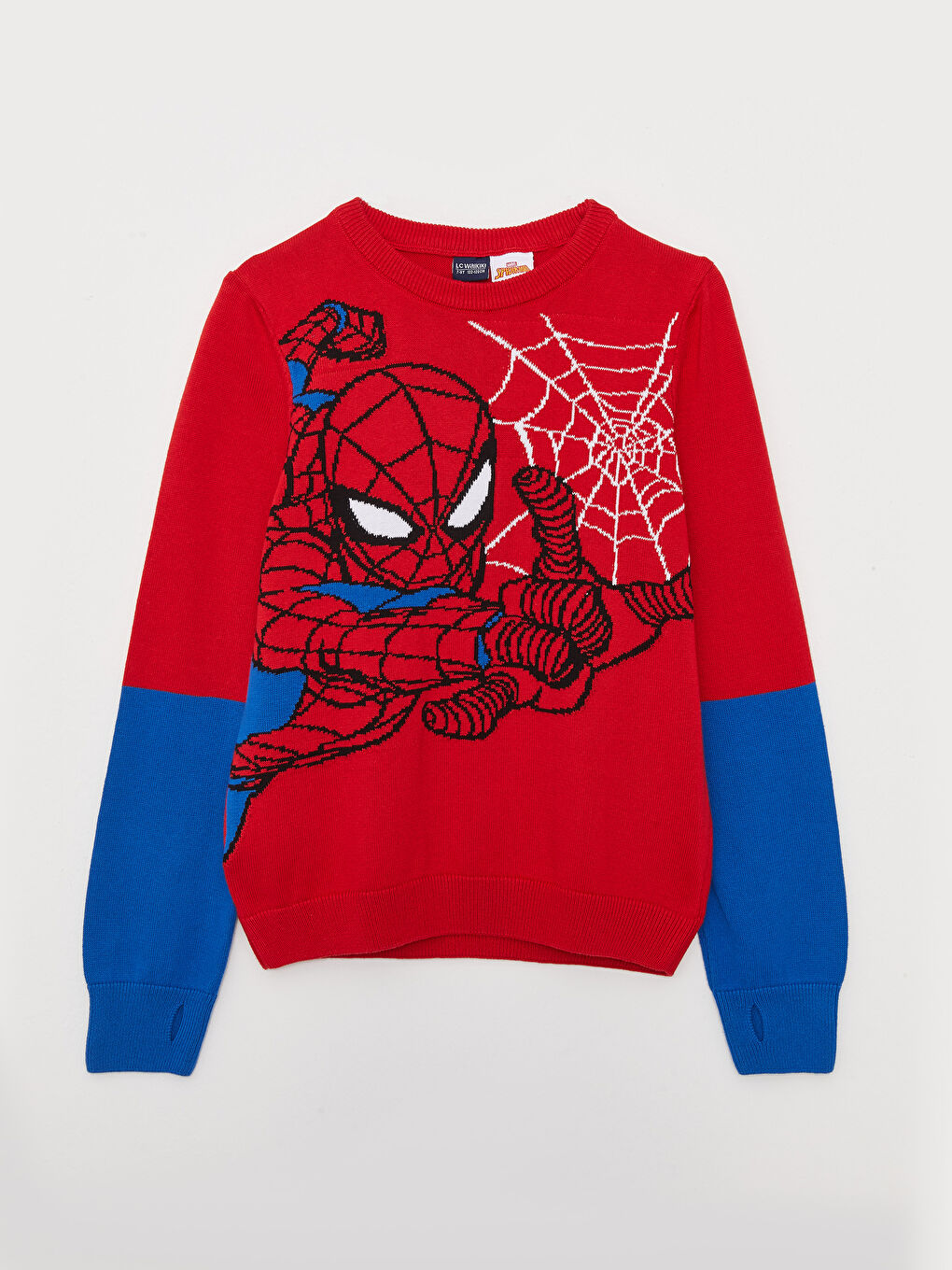 LCW Kids Kırmızı Bisiklet Yaka Spiderman Desenli Uzun Kollu Erkek Çocuk Triko Kazak