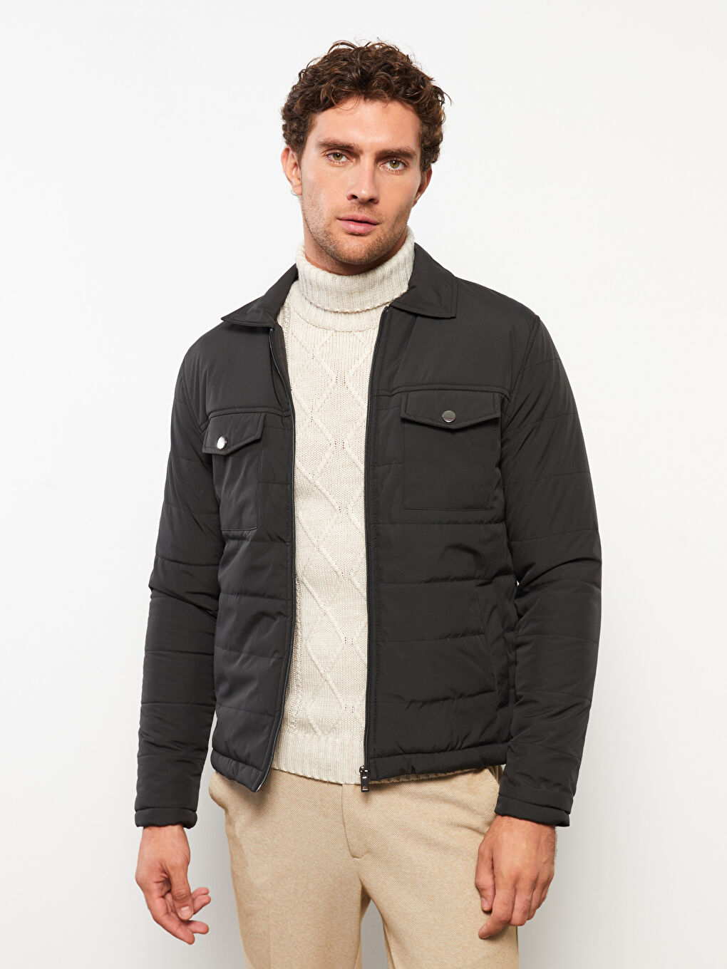 Yeşil Standart Kalıp Gömlek Yaka Erkek Şişme Mont-1