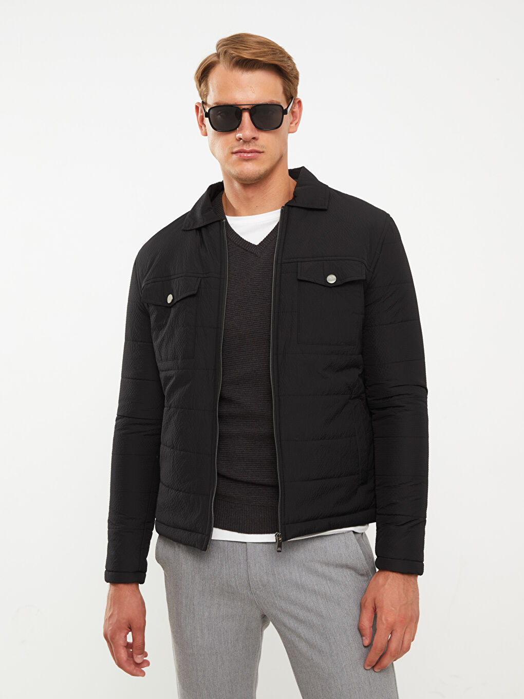 Siyah Standart Kalıp Gömlek Yaka Erkek Şişme Mont