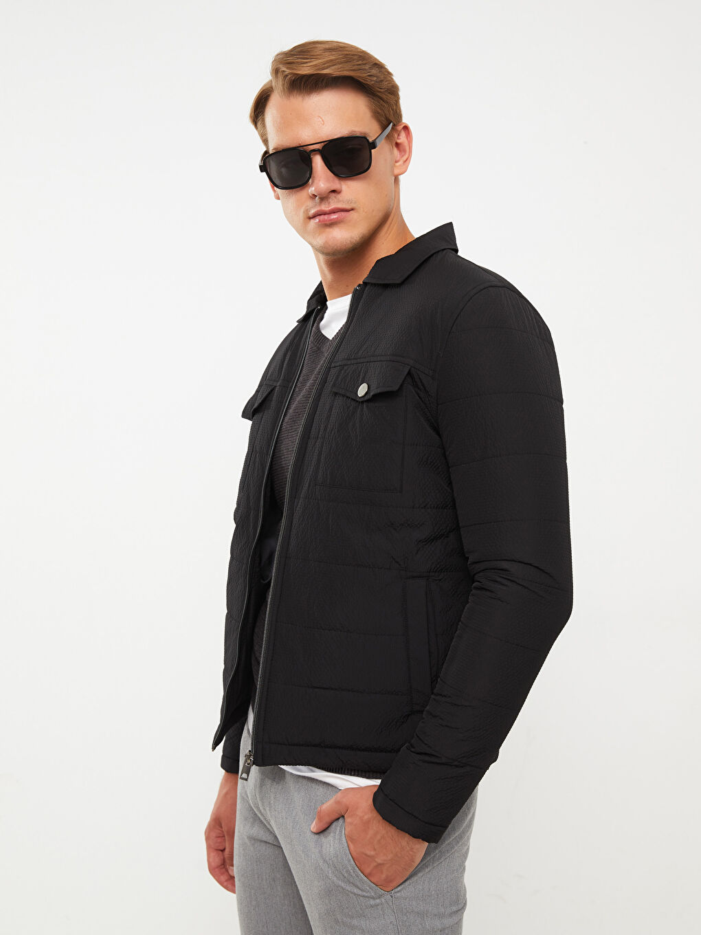 Siyah Standart Kalıp Gömlek Yaka Erkek Şişme Mont-1