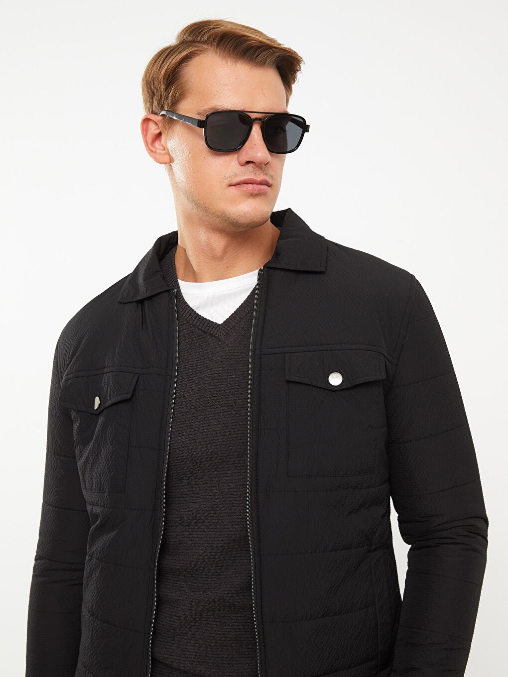 Siyah Standart Kalıp Gömlek Yaka Erkek Şişme Mont-3