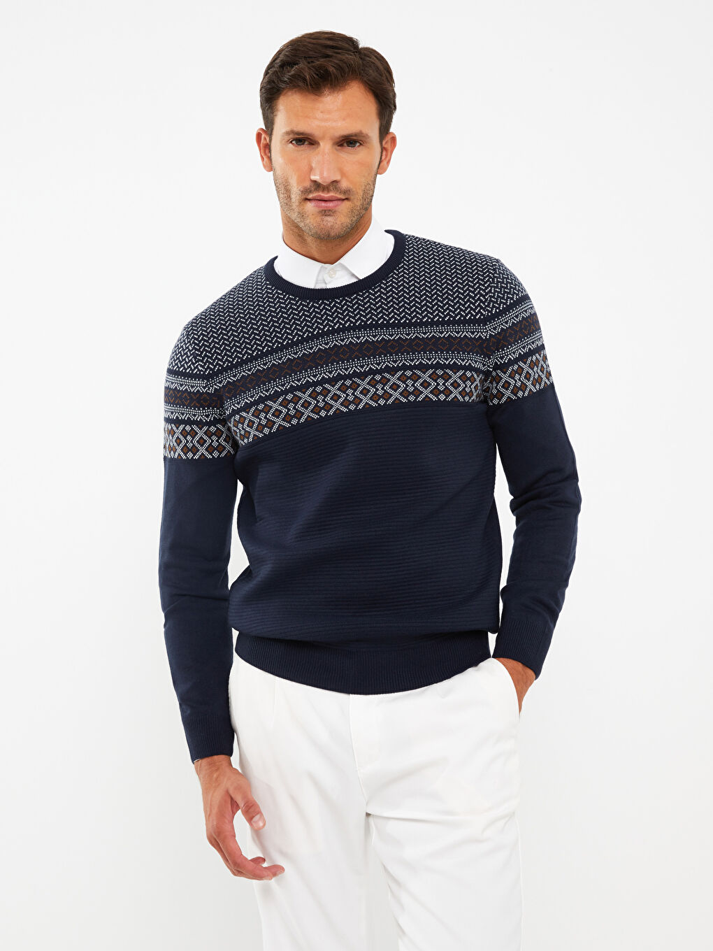 Пуловер с кръгло деколте, дълъг ръкав, с шарки, за мъже-1