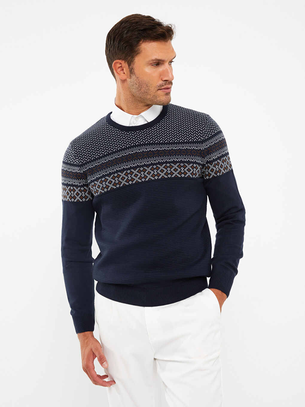 Пуловер с кръгло деколте, дълъг ръкав, с шарки, за мъже-2