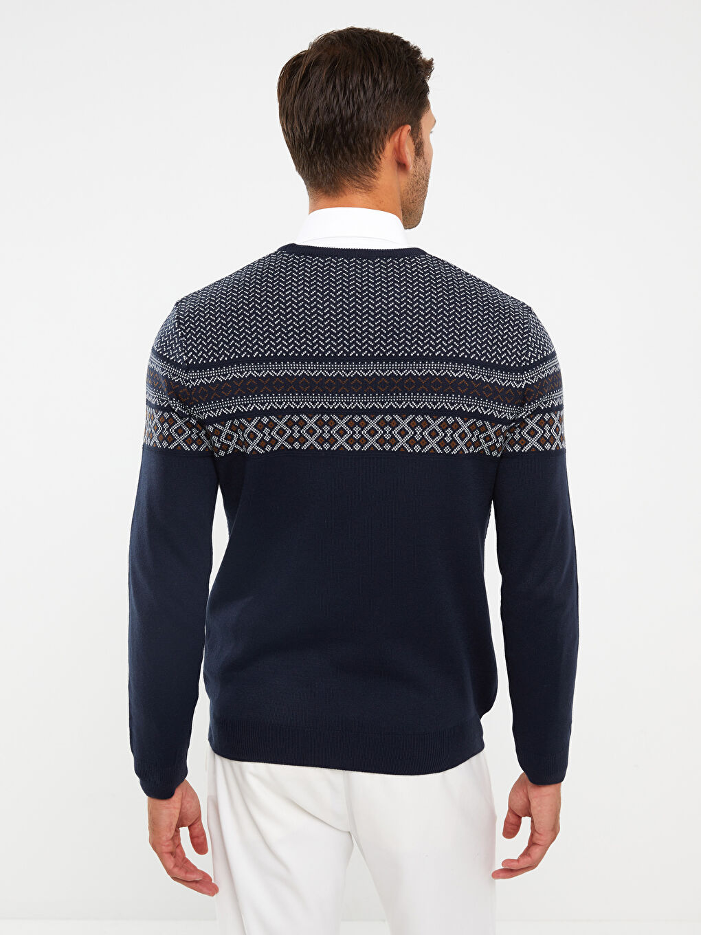 Пуловер с кръгло деколте, дълъг ръкав, с шарки, за мъже-4