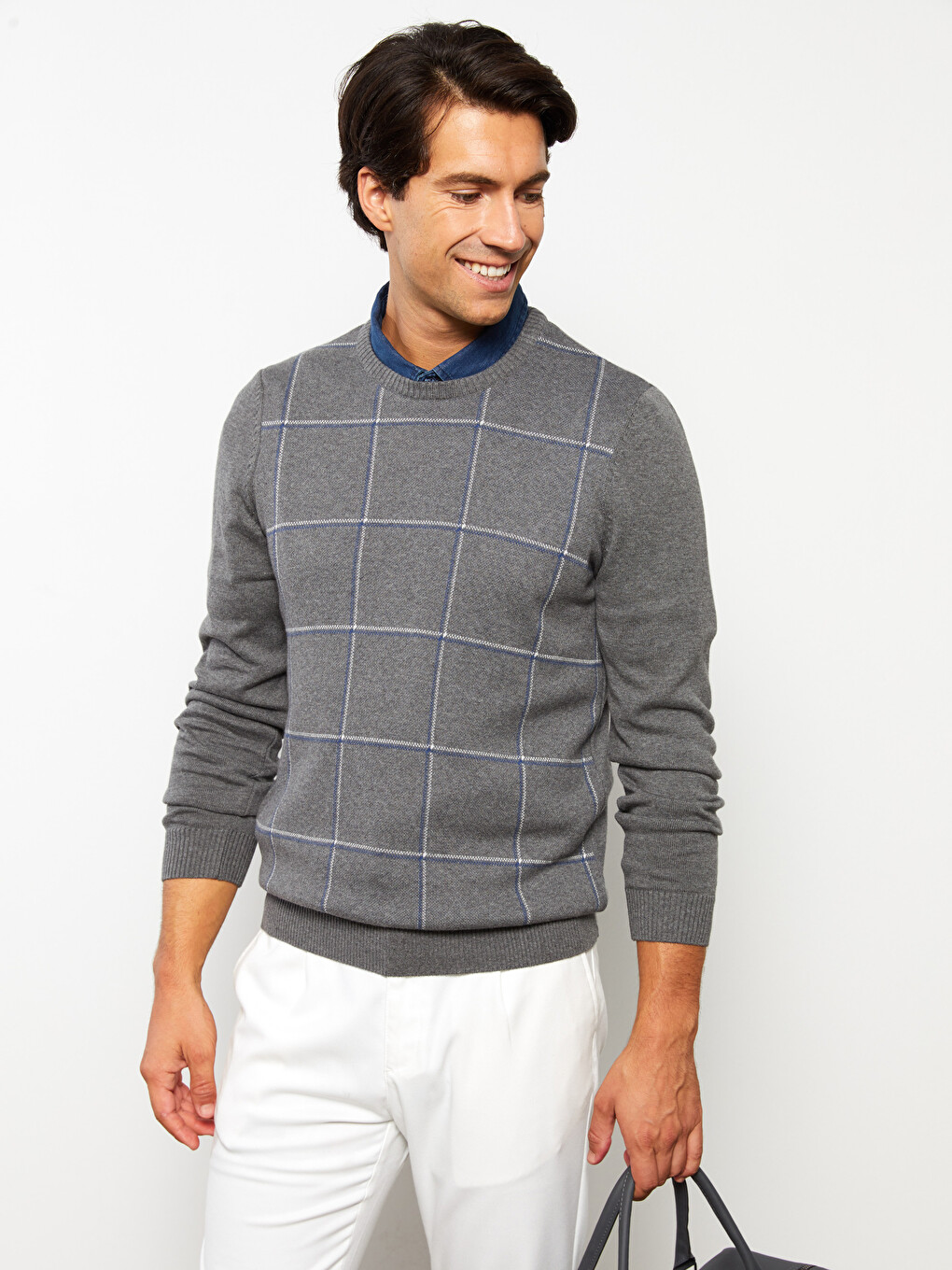 Pull-over En Tricot À Col Rond À Manches Longues Écossais Pour Hommes