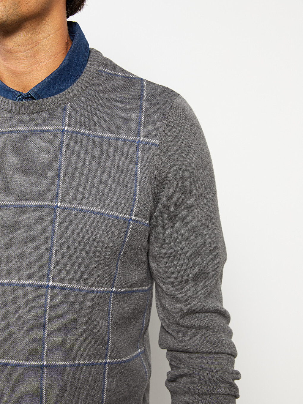 Pull-over En Tricot À Col Rond À Manches Longues Écossais Pour Hommes-3