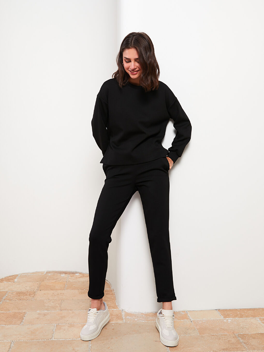 әйелдерге арналған серпімді белдік өрнексіз спорттық шалбар-1