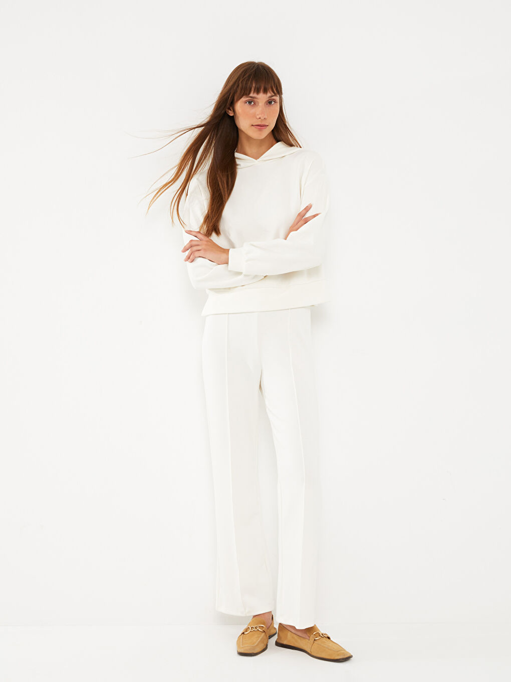 Ekru Kadın Beli Lastikli Düz Eşofman Altı