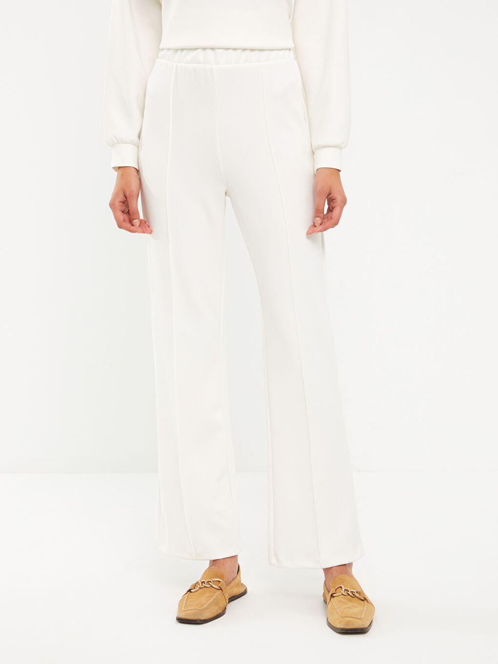 Ekru Kadın Beli Lastikli Düz Eşofman Altı-3