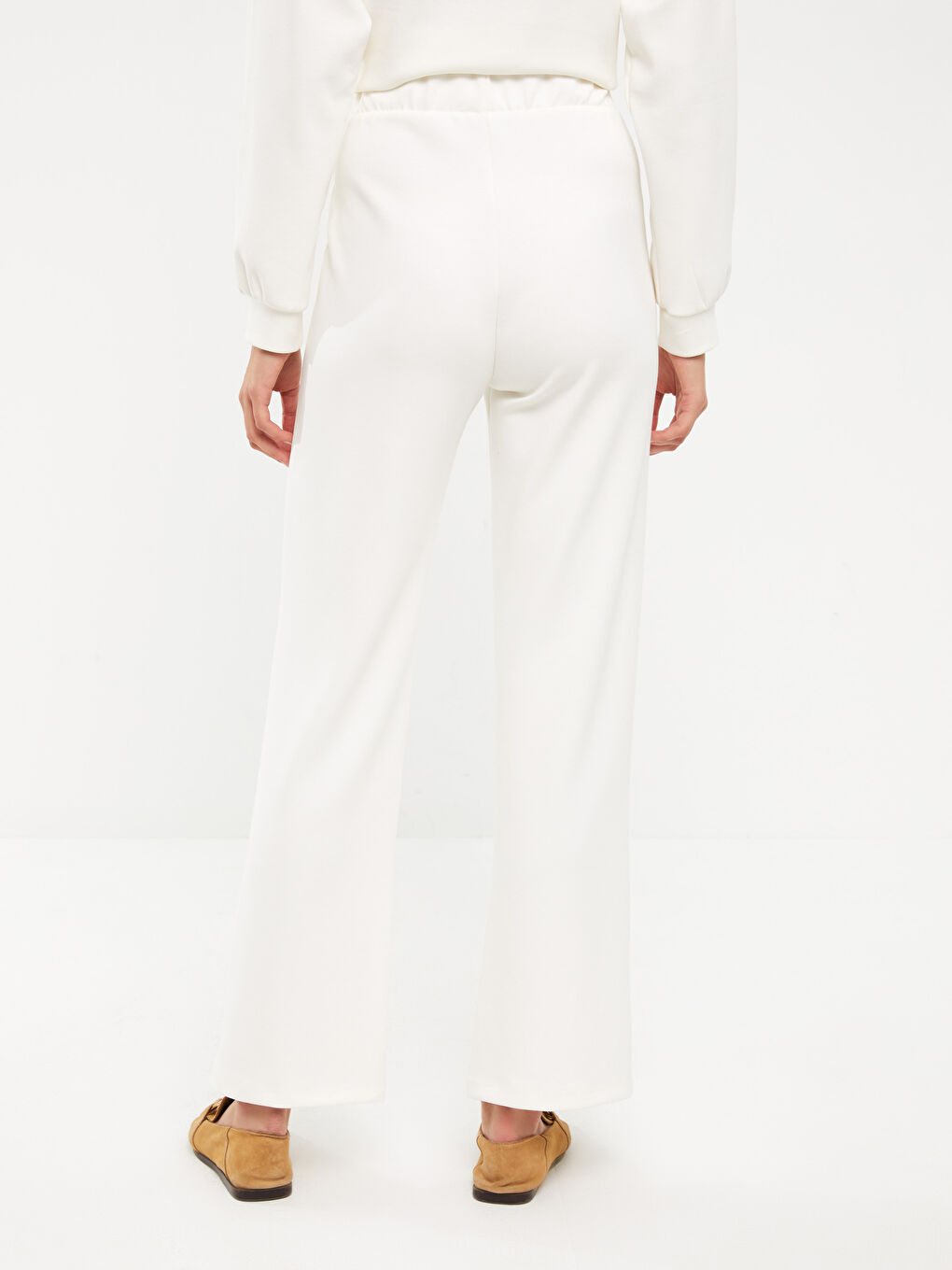 Ekru Kadın Beli Lastikli Düz Eşofman Altı-4