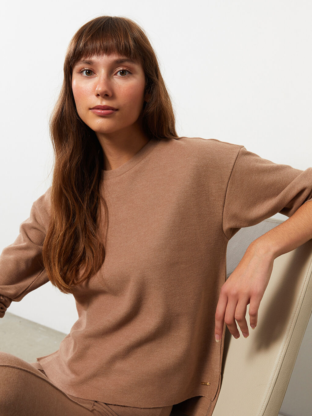 Kahverengi Bisiklet Yaka Düz Uzun Kollu Kadın Sweatshirt