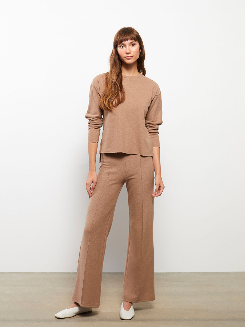 Kahverengi Bisiklet Yaka Düz Uzun Kollu Kadın Sweatshirt-1