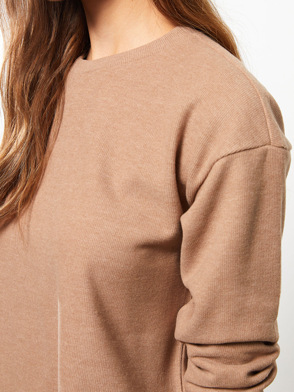 Kahverengi Bisiklet Yaka Düz Uzun Kollu Kadın Sweatshirt-3