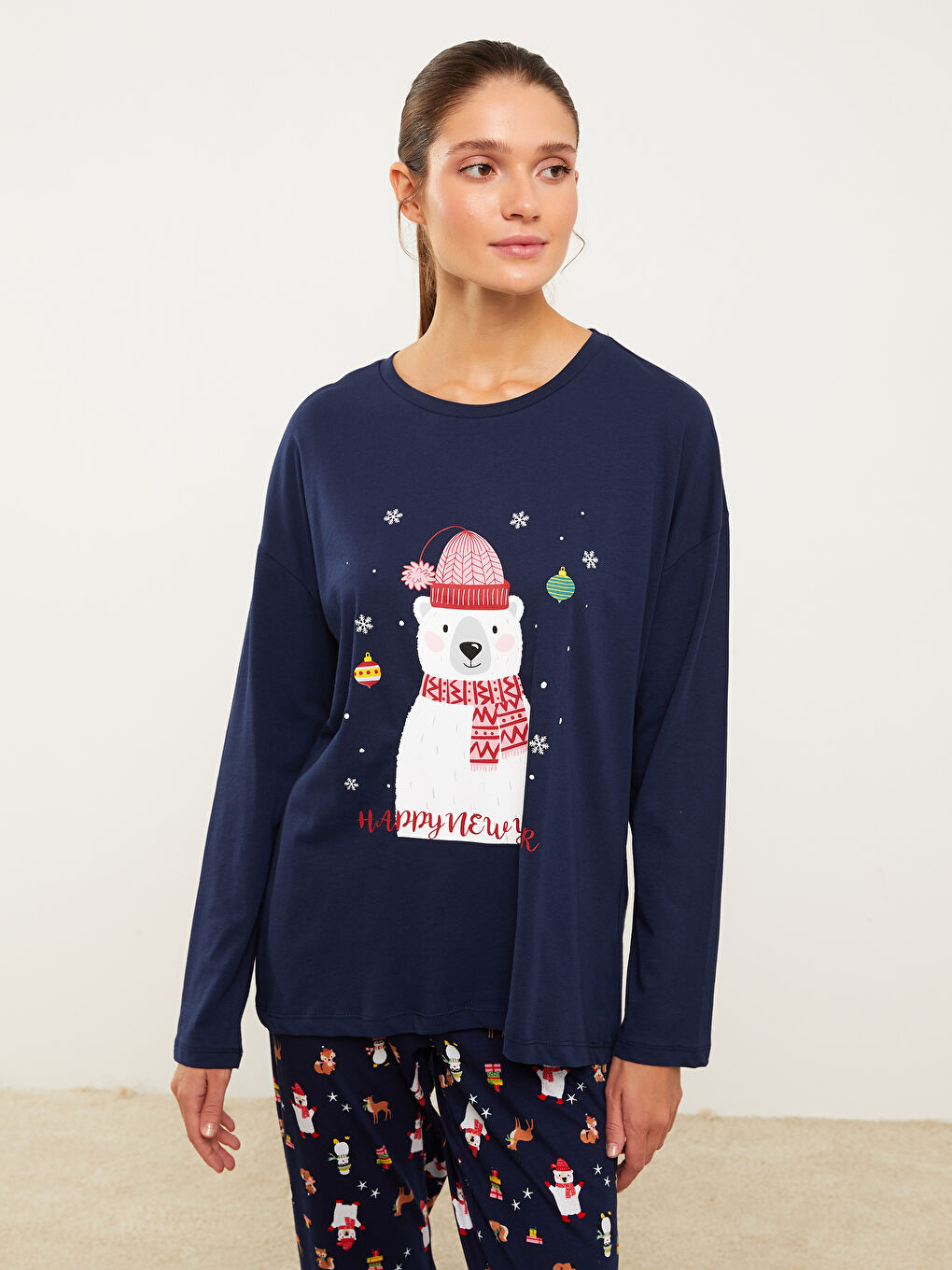 Комплект пижами с кръгло деколте, новогодишна тематика, дълъг ръкав, памук, за жени-1