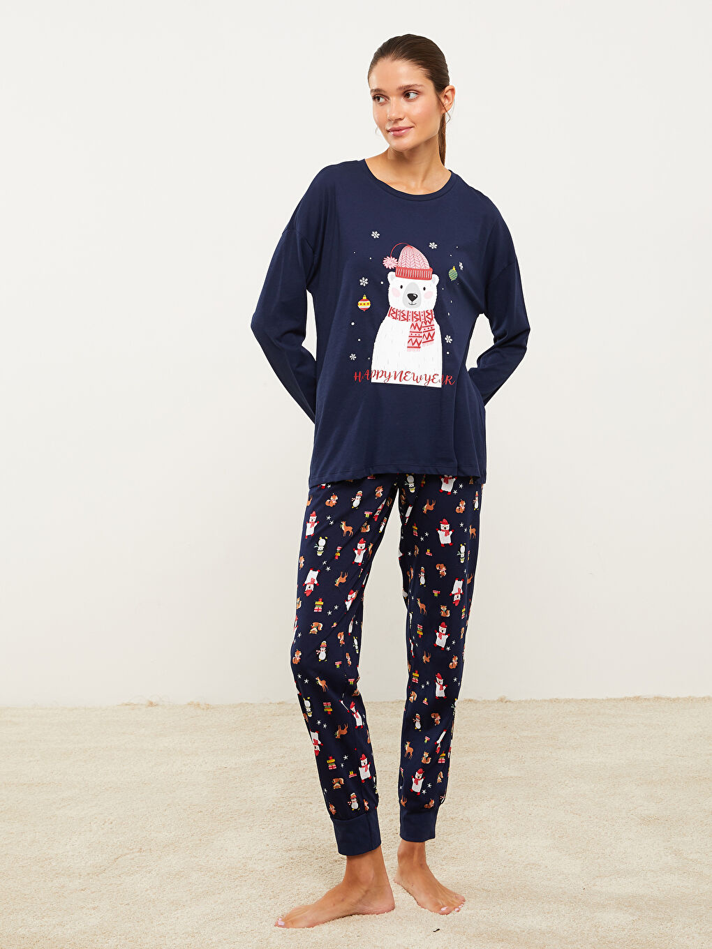 Комплект пижами с кръгло деколте, новогодишна тематика, дълъг ръкав, памук, за жени-2