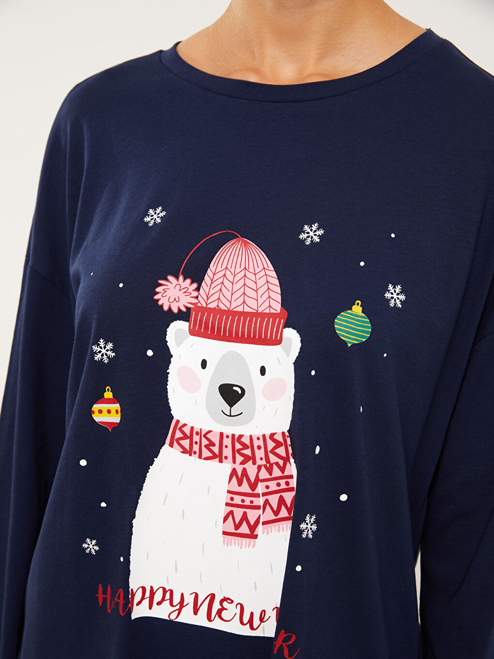 Комплект пижами с кръгло деколте, новогодишна тематика, дълъг ръкав, памук, за жени-3
