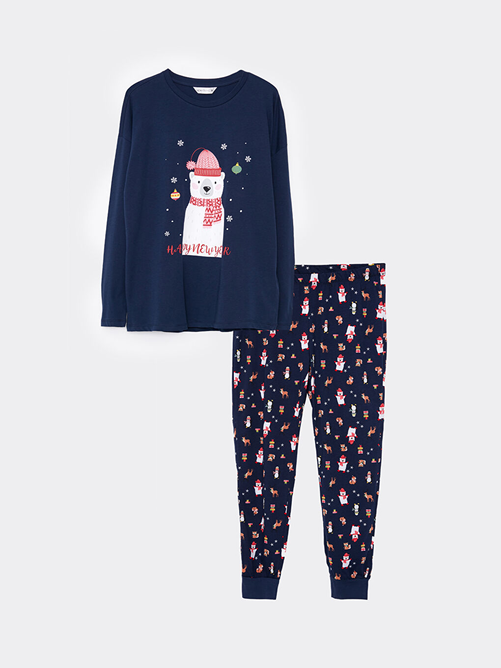 Комплект пижами с кръгло деколте, новогодишна тематика, дълъг ръкав, памук, за жени-5