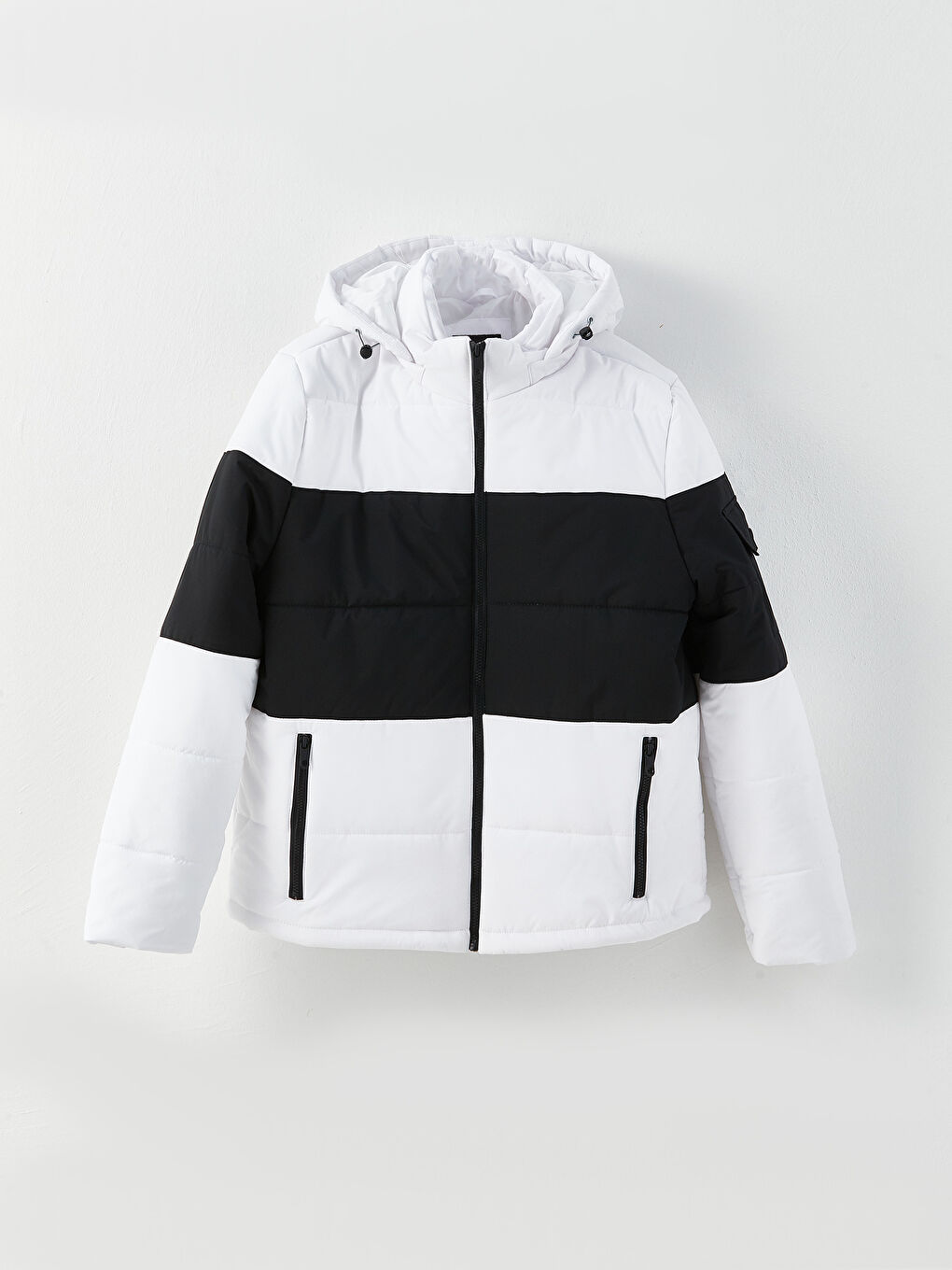 Beyaz Standart Kalıp Kapüşonlu Renk Bloklu Erkek Şişme Mont-5