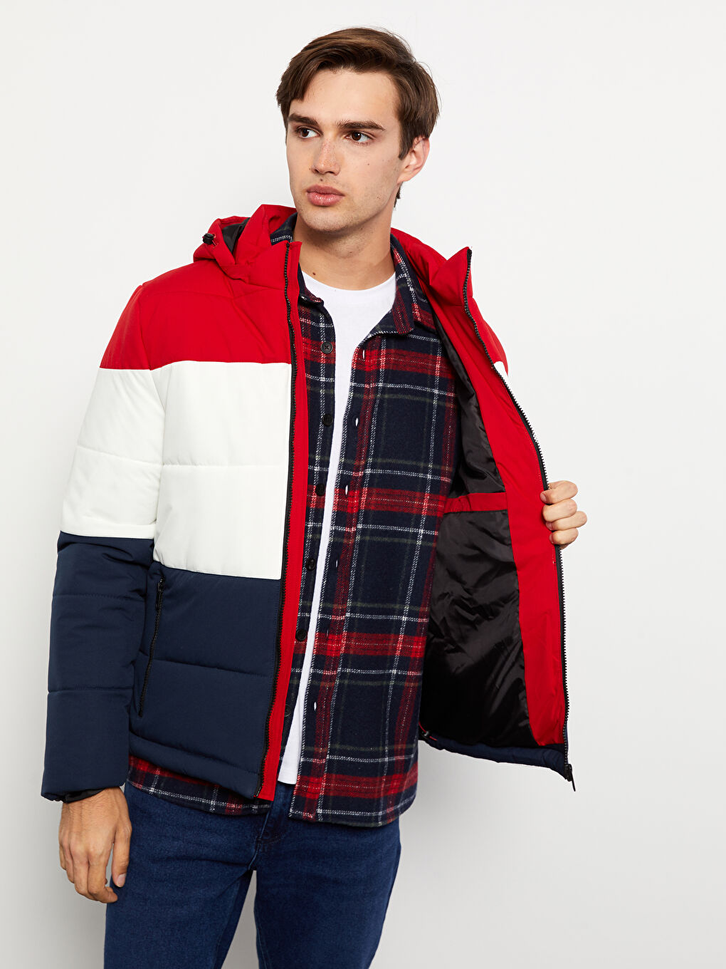 Lacivert Standart Kalıp Kapüşonlu Renk Bloklu Erkek Şişme Mont-2