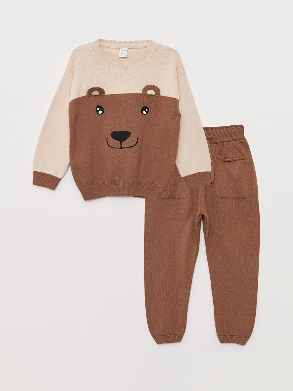 Bej Bisiklet Yaka Uzun Kollu Nakış Detaylı Erkek Bebek Triko Kazak ve Pantolon 2'li