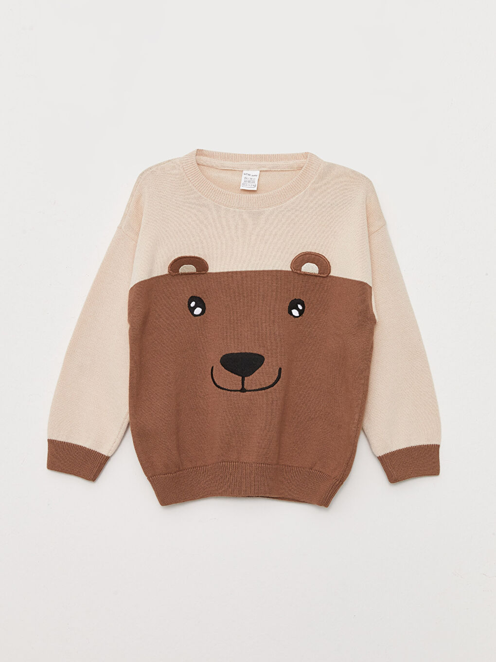 Bej Bisiklet Yaka Uzun Kollu Nakış Detaylı Erkek Bebek Triko Kazak ve Pantolon 2'li-1