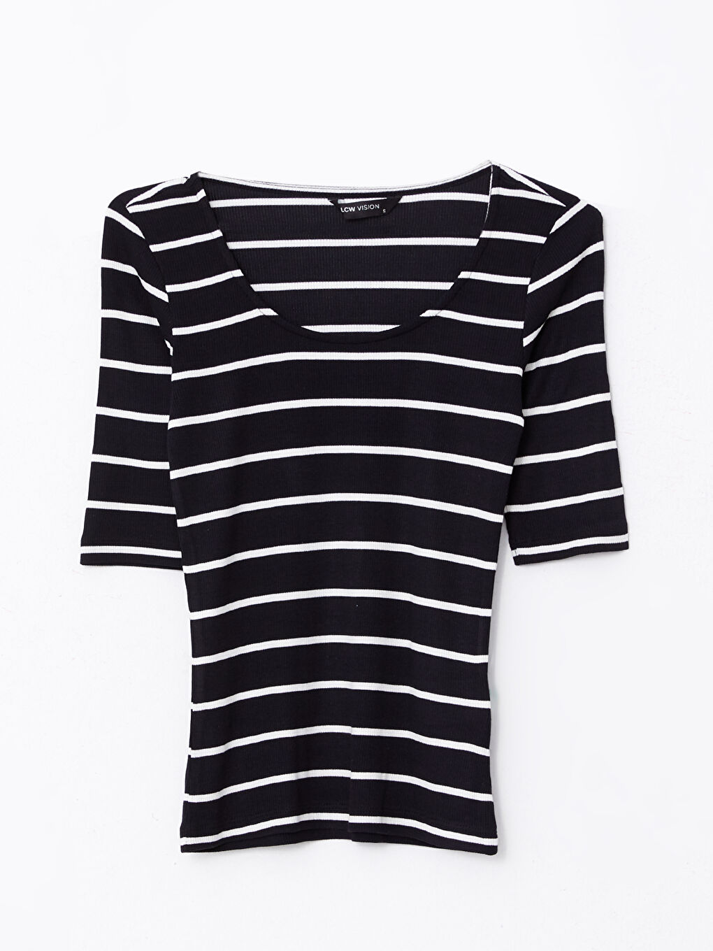 Siyah U Yaka Çizgili Kısa Kollu Kadın Tişört-5