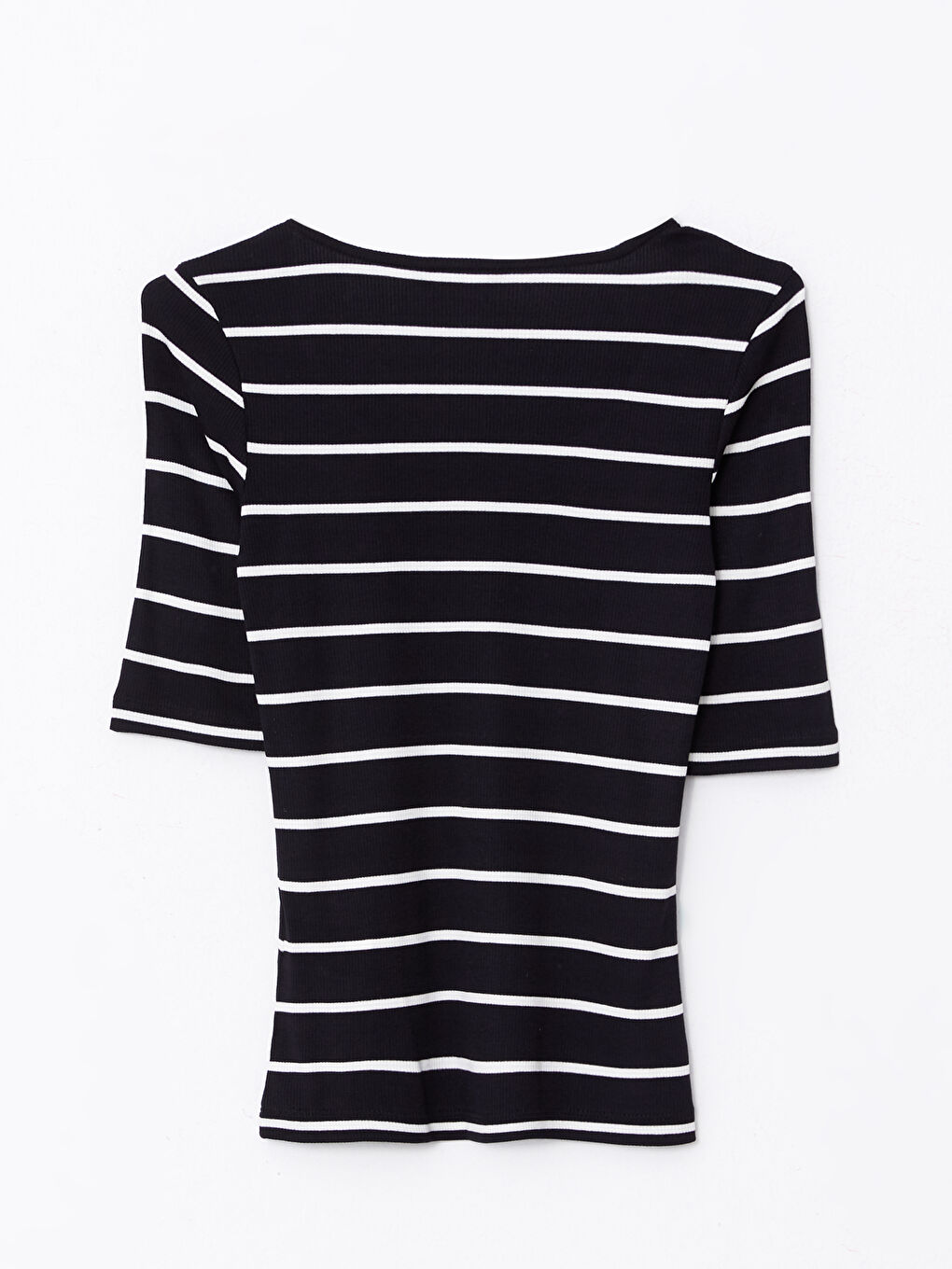 Siyah U Yaka Çizgili Kısa Kollu Kadın Tişört-6
