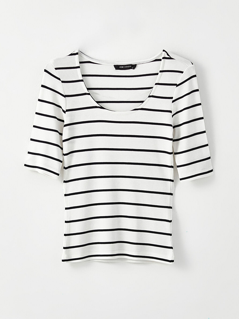 Ekru U Yaka Çizgili Kısa Kollu Kadın Tişört-5