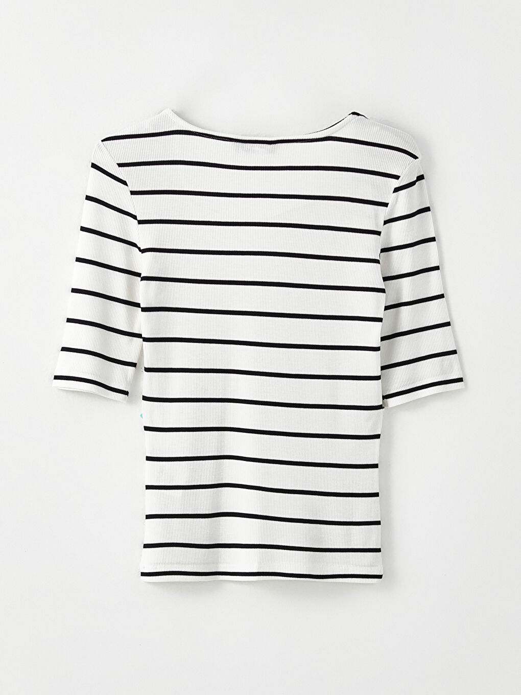 Ekru U Yaka Çizgili Kısa Kollu Kadın Tişört-6