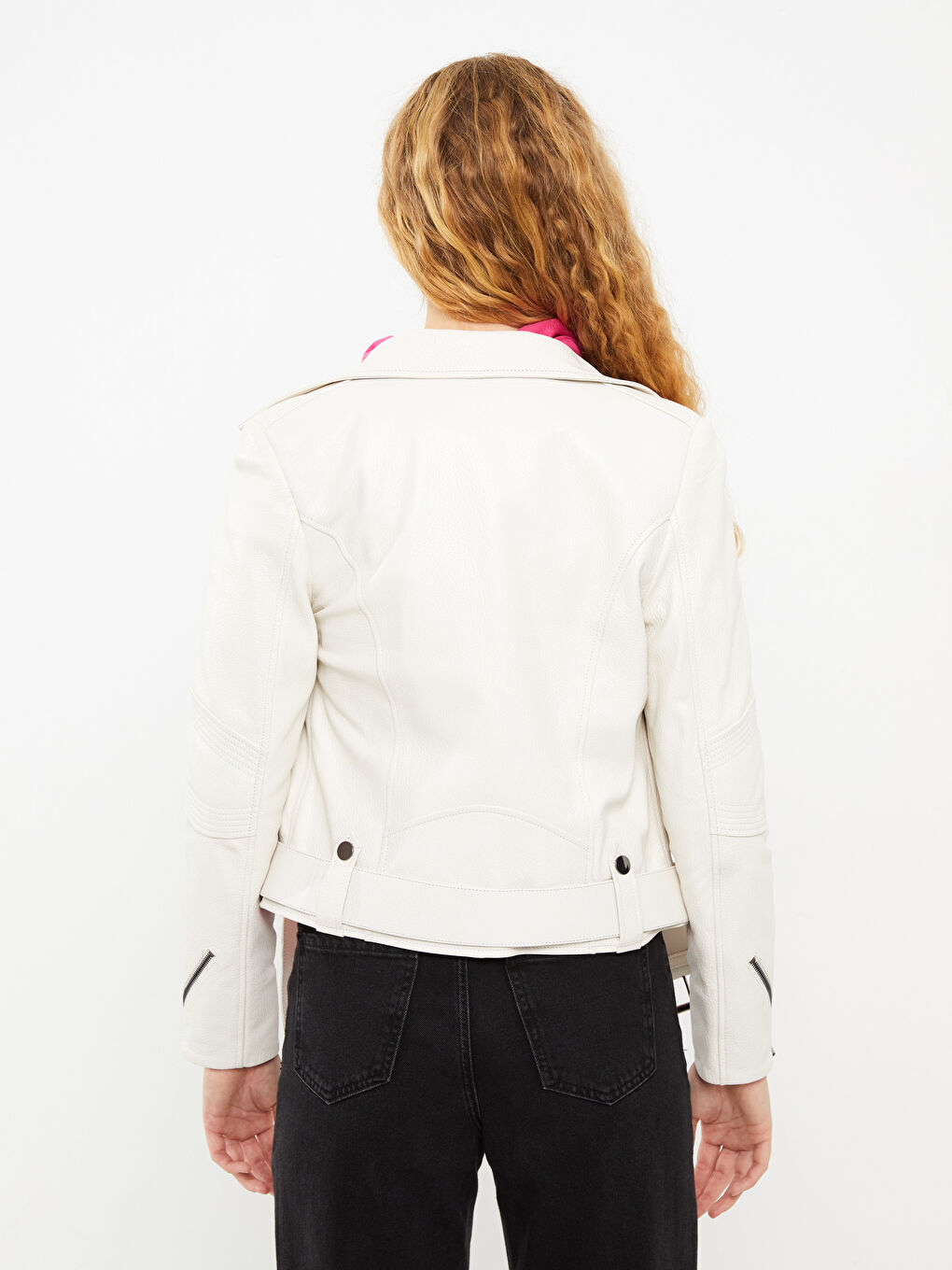 Ekru Biker Yaka Kadın Deri Ceket-4