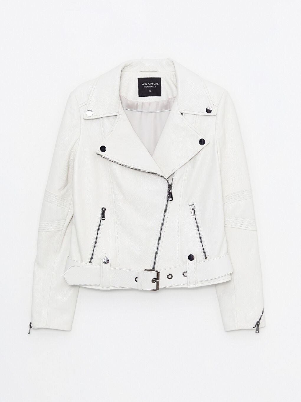 Ekru Biker Yaka Kadın Deri Ceket-5