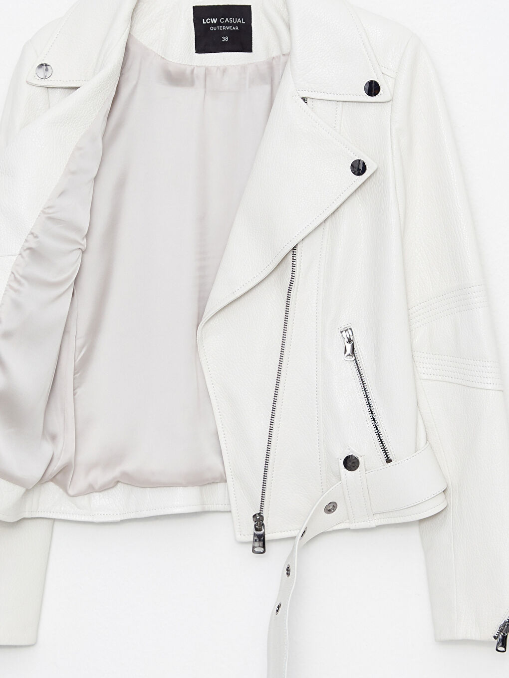 Ekru Biker Yaka Kadın Deri Ceket-6