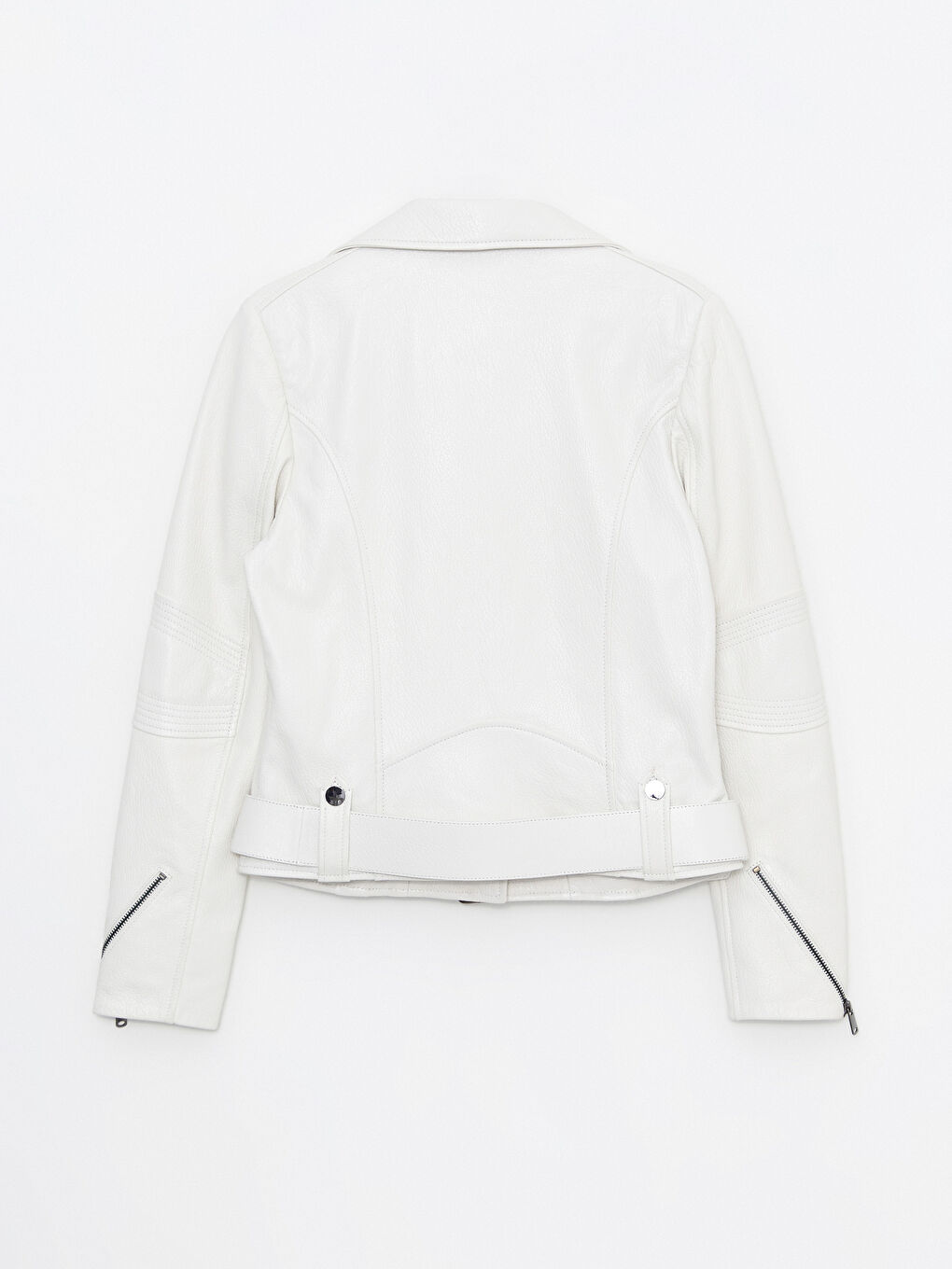 Ekru Biker Yaka Kadın Deri Ceket-7
