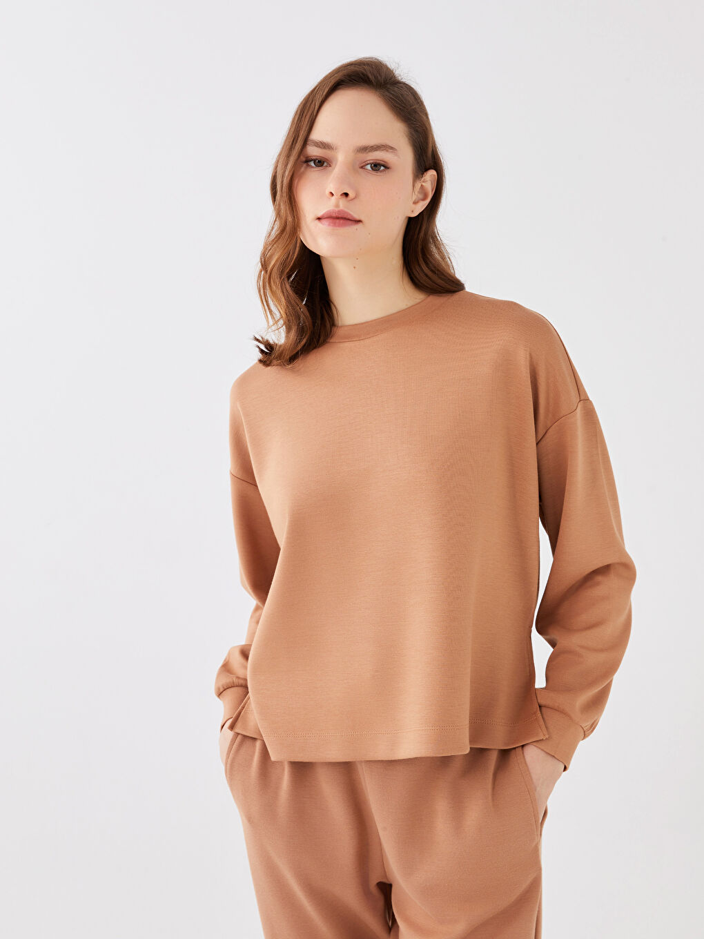 Kahverengi Bisiklet Yaka Düz Uzun Kollu Kadın Sweatshirt