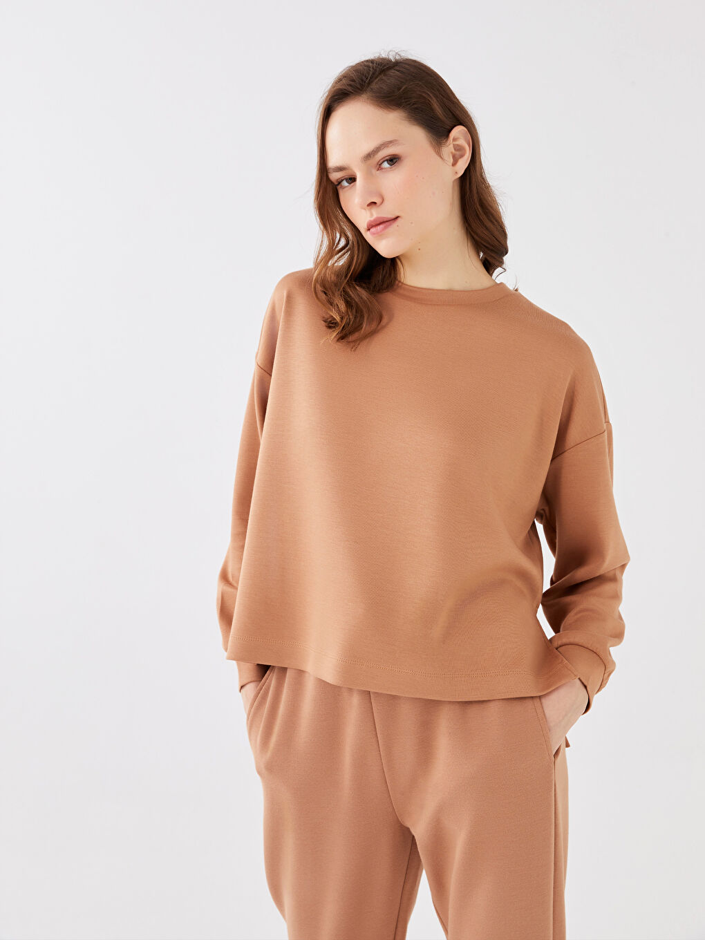 Kahverengi Bisiklet Yaka Düz Uzun Kollu Kadın Sweatshirt-1